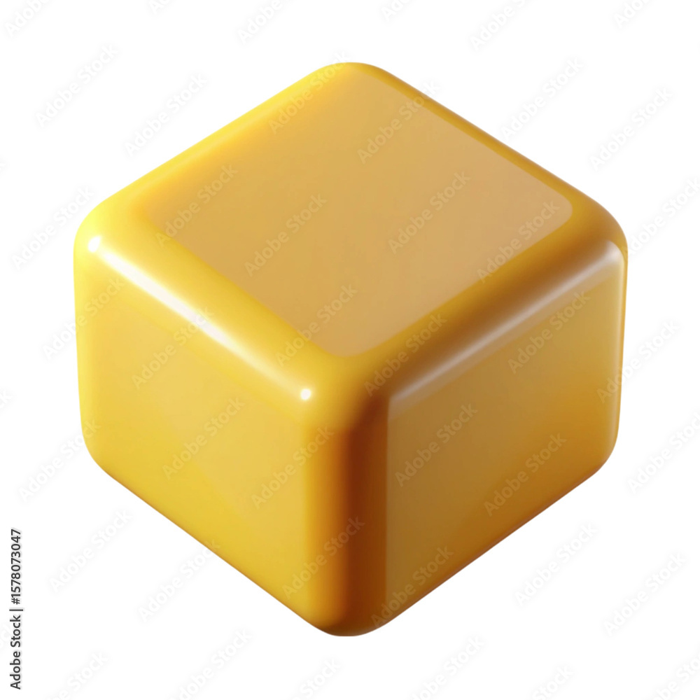 Poster a single glossy yellow cube floating against a black background with rounded edges