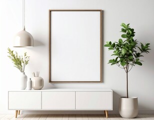 Modern Interior with Blank Frame, Plants, and Minimalist Decor for Mockup