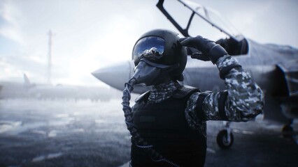 Military american pilot. American fighter jet. 3d rendering.