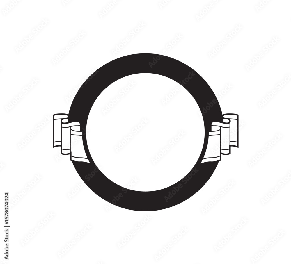 Poster simple black circular emblem with attached scroll-like decorative elements.