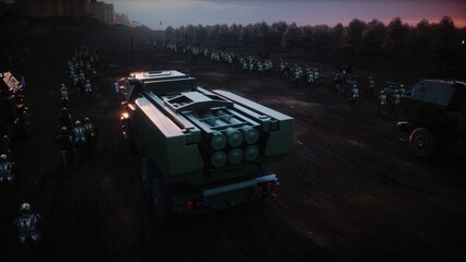 American High Mobility Artillery Rocket System in a ruined city. 3d rendering.