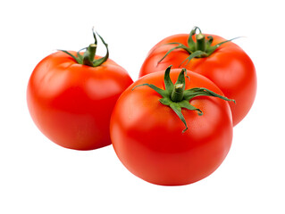 Three ripe red tomatoes with green stems isolated on transparent background