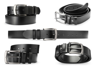 Black leather belt on white background, collage