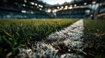 Close-up of soccer field grass with white line markings and stadium lights