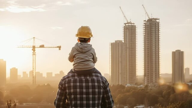Father and son wearing hardhats look at city skyline construction