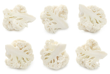 Cut fresh raw cauliflower florets on white background, collage