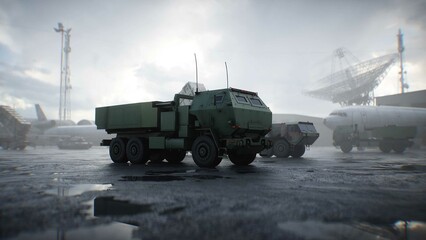 American High Mobility Artillery Rocket System. Military base. 3d rendering.