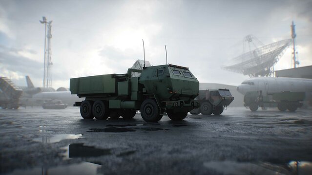 American High Mobility Artillery Rocket System. Military base. 3d rendering.