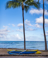 Polynesian Outrigger Canoe on a Sand Beach with Blue Ocean and Sky Beyond.