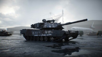 Military american base. American battle tank 3d rendering.