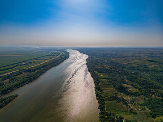 Stunning aerial view of the Morava River near Smederevo Serbia in June