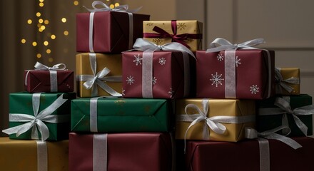 Festive Stack of Christmas Gifts: Burgundy, Gold, and Green Presents with Silver Ribbons and Snowflake Designs
