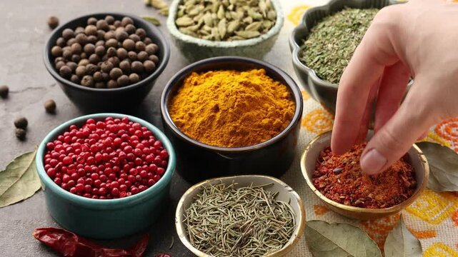 Woman with many different aromatic spices in bowls at grey table with cloth, closeup