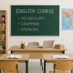 Classroom scene with a chalkboard displaying an English language course.