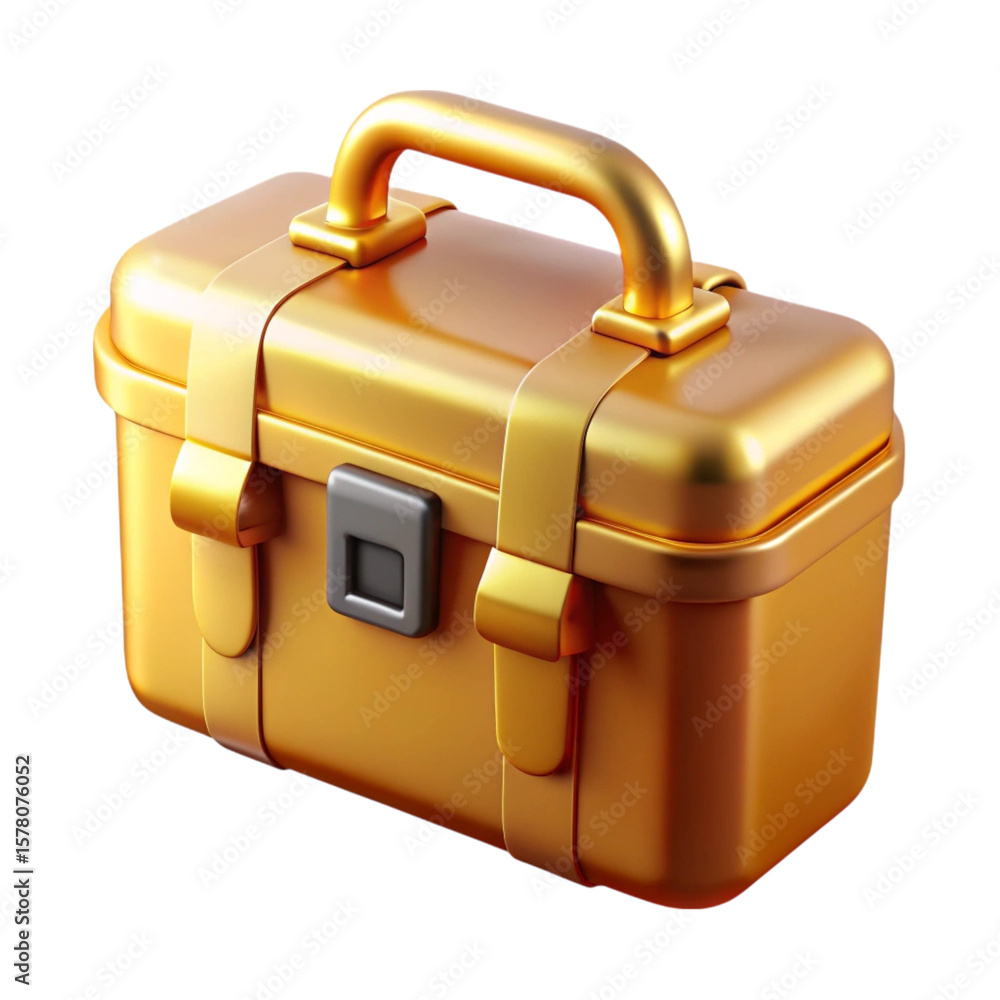 Poster golden toolbox illustrative render with handle and straps isolated on black background