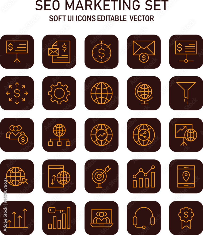 Poster comprehensive seo marketing strategy icons crafted with modern soft user interface vector design ele