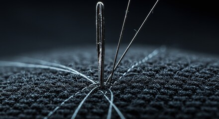 Close Up of Sewing Needle and Thread on Fabric in Dark Background