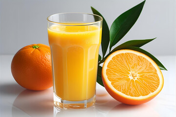 Glass of orange juice with whole orange fruit and sliced half isolated on transparent background  - 1