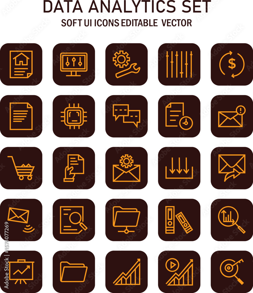 Poster comprehensive vector icon set representing data science, analytics, and related technologies design 
