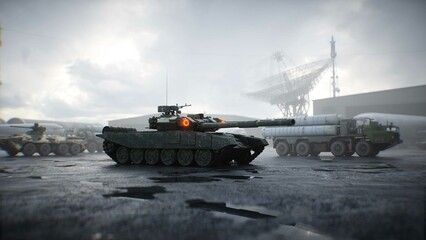 Military russian base. Russian battle tank. 3d rendering.