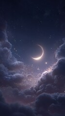 Obraz premium Crescent Moon and Starry Night Sky with Purple Clouds