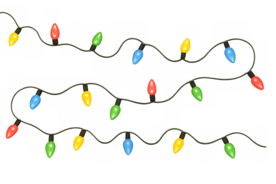 Wavy christmas lights string with colorful teardrop-shaped bulbs creating a festive atmosphere on a transparent background