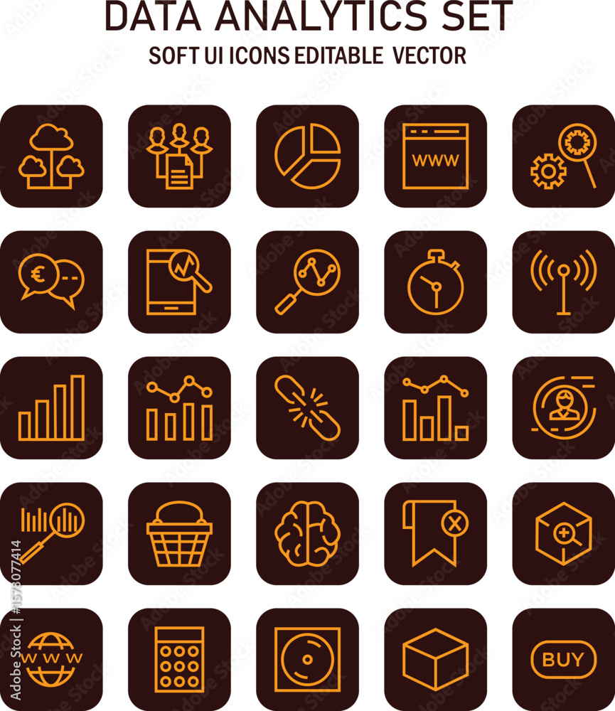 Poster comprehensive data analytics icon set representing information management and processing visuals, de