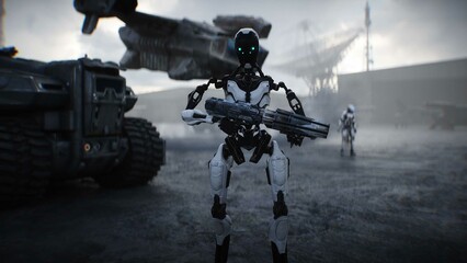 Futuristic military base with robots and aerial ship. 3d rendering.