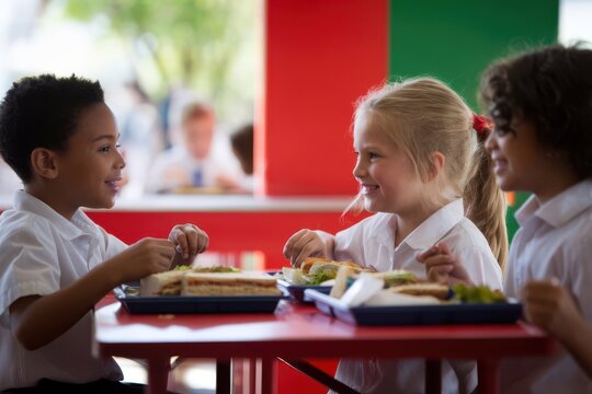 Joyful Diverse School Children Sharing a Healthy Lunch in the Cafeteria