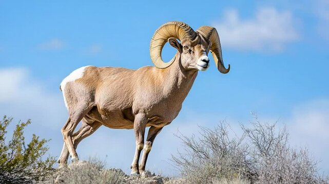 A majestic bighorn ram stands proudly on a rugged desert hill under a vast blue sky.