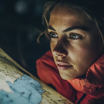 Closeup of a female oceanographer studying a sea chart Focus on face and chart