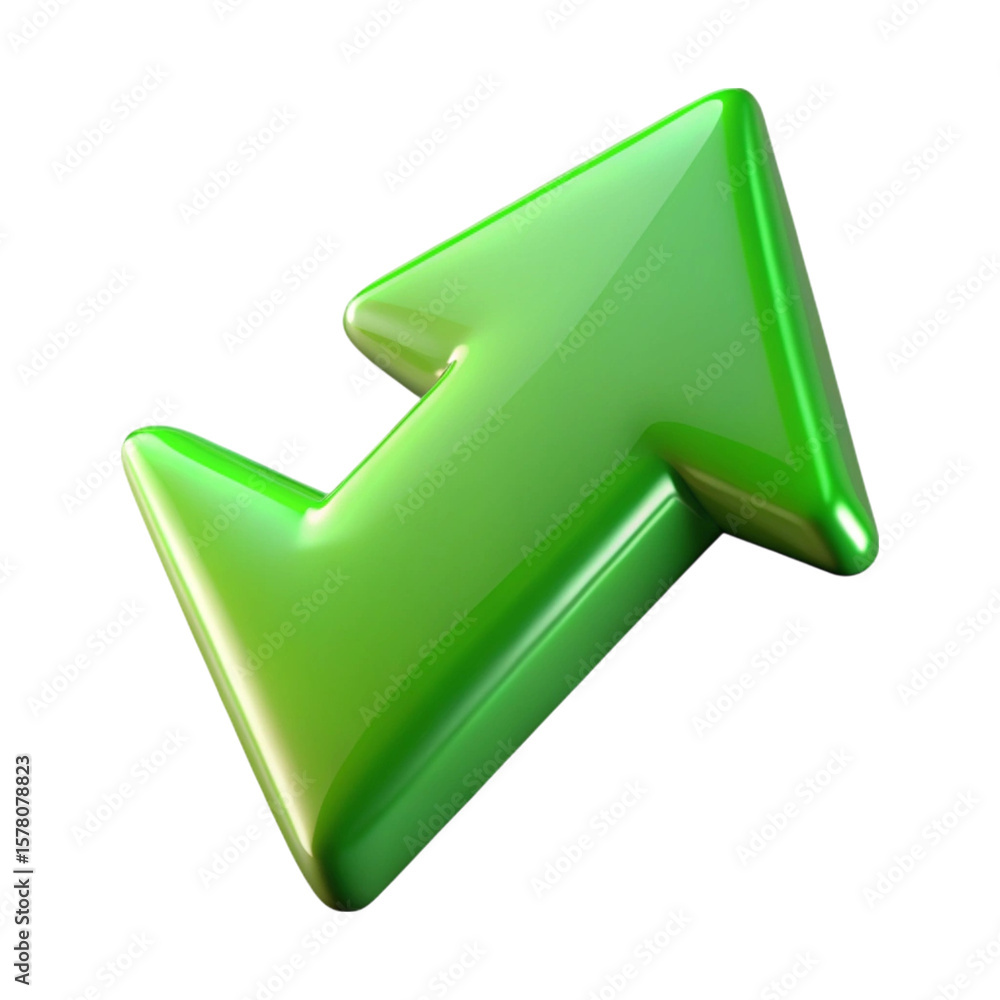 Poster shiny green 3d arrow pointing upward against a black background for design elements