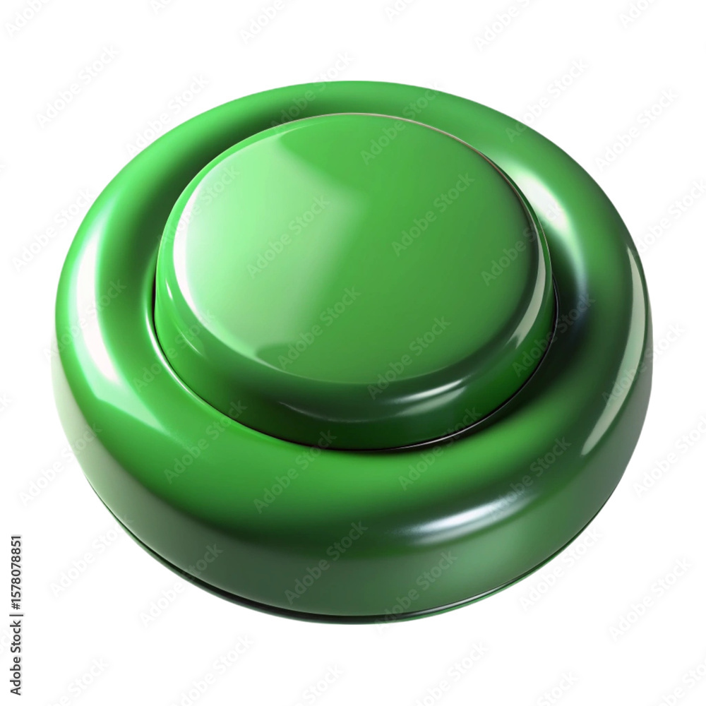 Poster shiny green button design rendered in 3d against a solid black background isolated