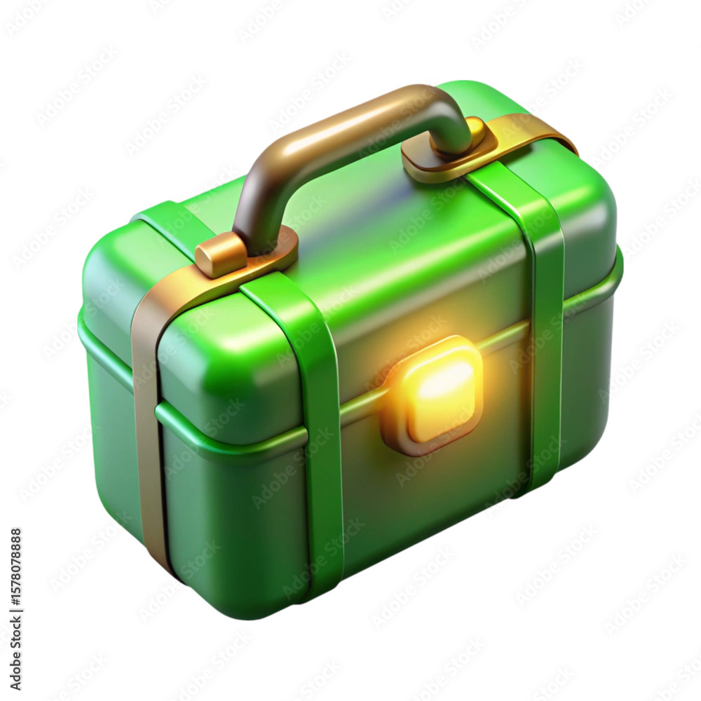 Poster shiny green toolbox with golden handle and straps glows on a dark background