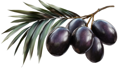 Ripe succulent black olives glistening on a branch an emblem of Mediterranean flavor framed on transparent background