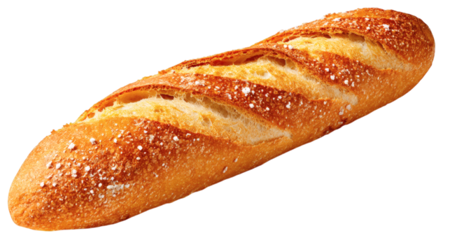 Baguette loaf diagonal cut showing crumb isolated on transparent background 