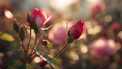 Pink and Red Rose Blooms in Soft Sunlight