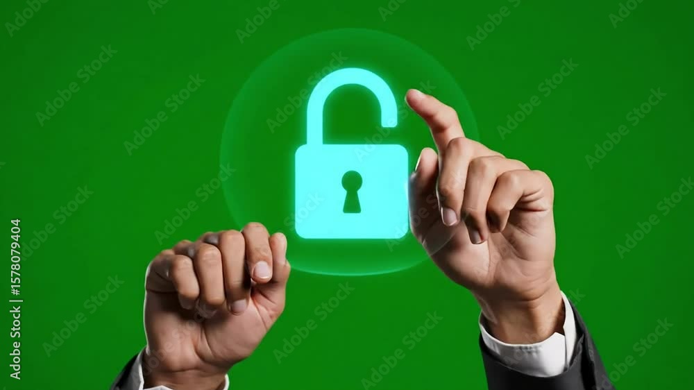 Poster illustrative security protocols: hand interaction with digital lock icons on green screen