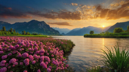 natural scenery background, blue sky mountains, beaches, lakes, forests, beautiful waterfalls