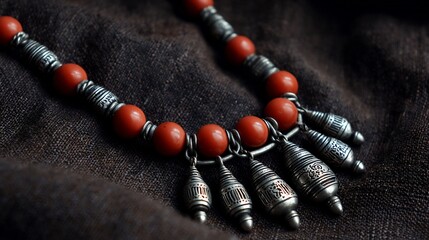 Authentic Moroccan Berber silver necklace tribal ethnic jewelry handmade coral beads and engraved pendants rustic artisan style cultural heritage design high resolution detail on dark linen background