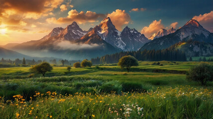 natural scenery background, blue sky mountains, beaches, lakes, forests, beautiful waterfalls