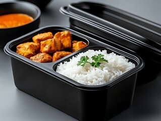An appetizing meal featuring succulent chicken pieces served alongside fluffy white rice, presented in a modern black container, perfect for takeout or meal prep.