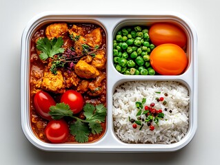 A vibrant meal set featuring chicken curry, fresh vegetables, peas, and rice, all neatly arranged in a divided container, showcasing a colorful and nutritious food option.