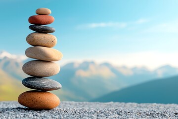 A serene stack of stones balanced against a backdrop of stunning mountains and clear skies, representing harmony, peace, and the beauty of nature.
