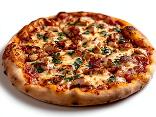 A delicious pizza topped with melted cheese, savory meats, and fresh herbs, presented on a wooden board
