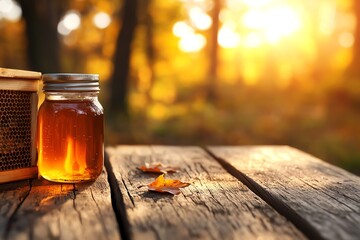 A warm jar of honey sits atop a rustic wooden table, surrounded by autumn leaves and glowing sunlight filtering through trees, creating a cozy, inviting atmosphere in nature.