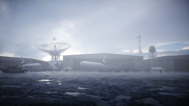 Military base with transport. 3d rendering.