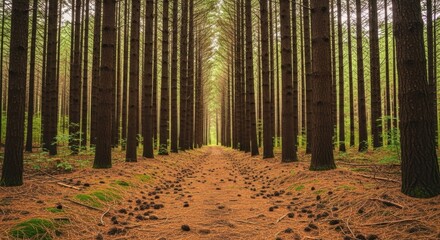 Pine forest with tall symmetrical tree trunks