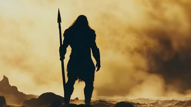 A primal hunter with a spear stands strong against the dramatic, fiery sky at dusk.