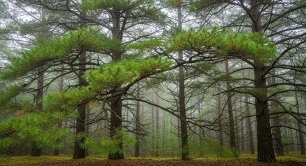 Fog among curved pine trees in a forest